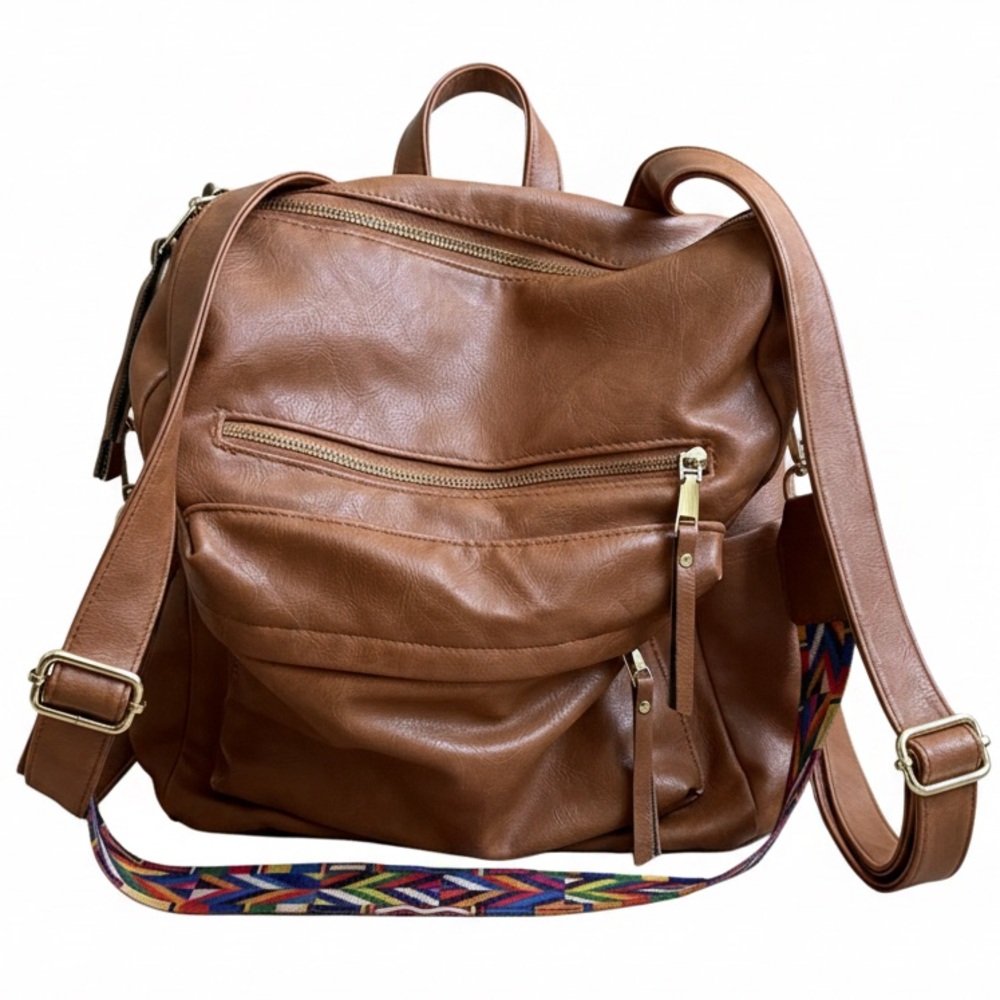 Boho Vegan Leather Convertible Backpack Purse - Brown with Embroidered Strap